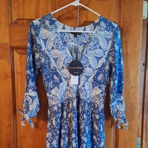 Blue Paisley V-Neck Dress Caroline Morgan Women's M Medium Boho Country NWT